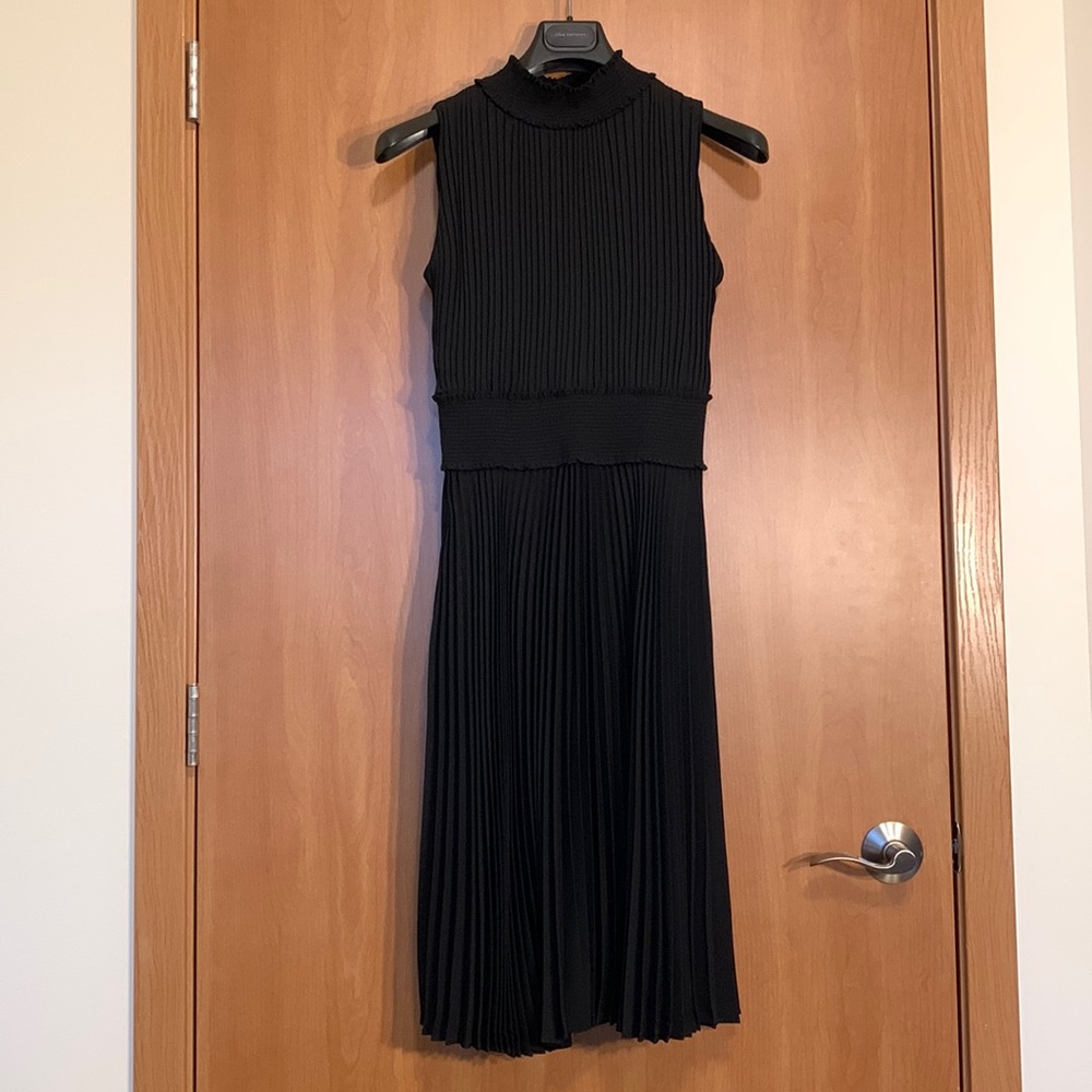 Pleated cocktail midi dress, halter neckline, smocked waistband, size 6